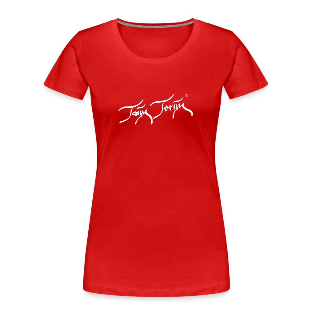 11.09.24 V5 TaijnTorijn - Taijn Torijn Signature" - Damen Bio T-Shirt - Dunkle Farben - Rot