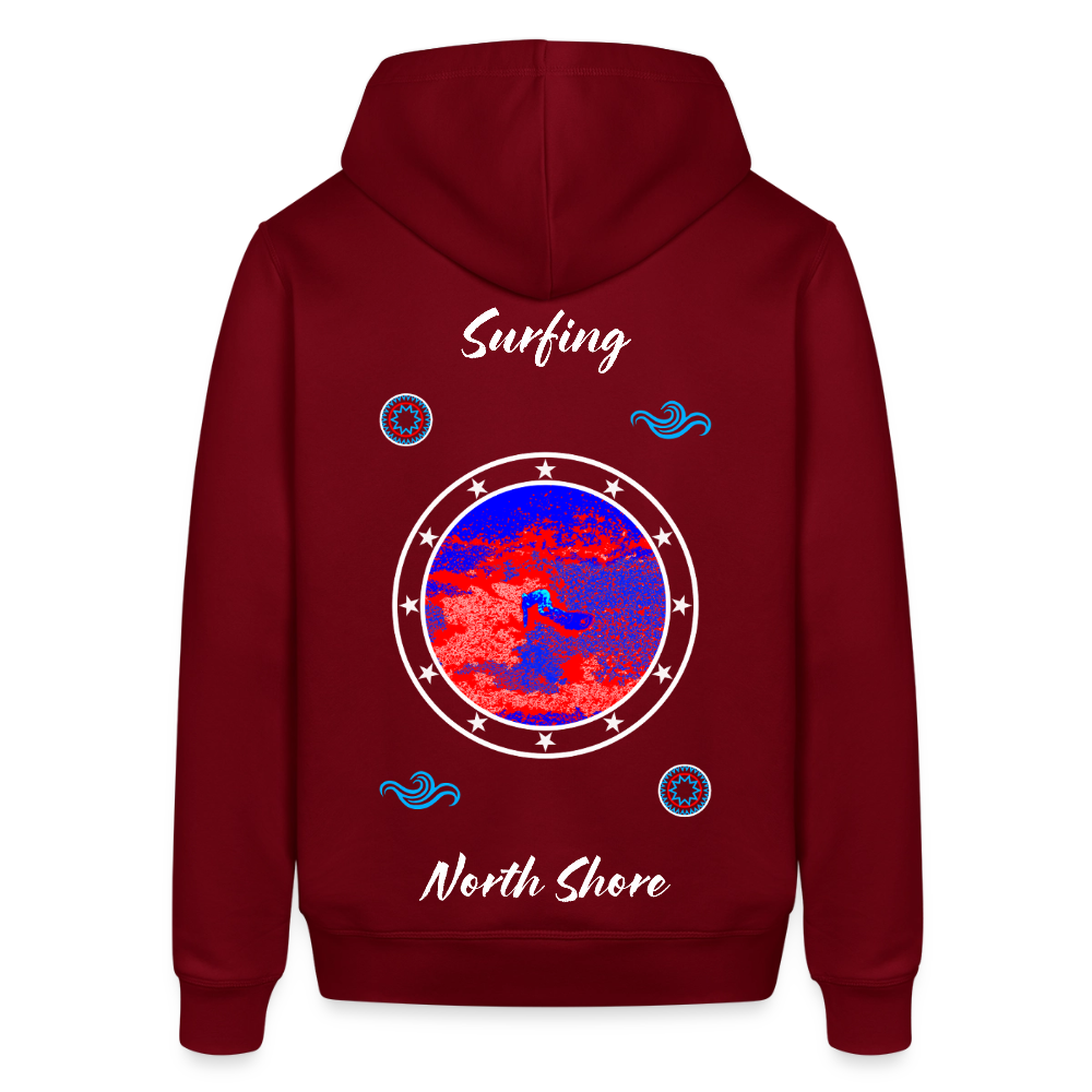 04.03.26 Taijn Toriijn "Surfing North Shore" - Unisex Bio-Hoodie - dunkle Farben - Burgunderrot