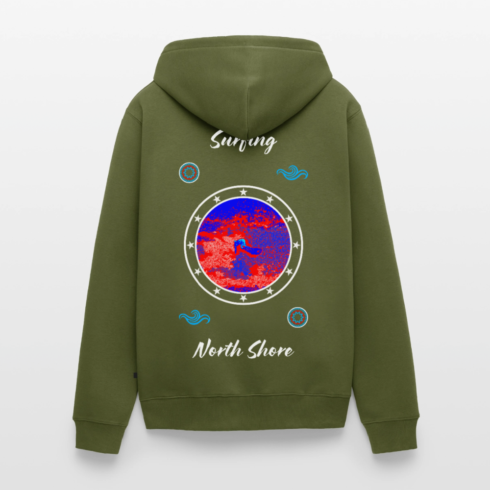 18.03.26 Taijn Toriijn "Surfing North Shore" - Unisex Bio-ZIP-Hoodie - dunkle Farben - Khaki