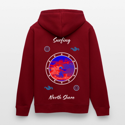 04.03.26 Taijn Toriijn "Surfing North Shore" - Unisex Bio-Hoodie - dunkle Farben - Burgunderrot