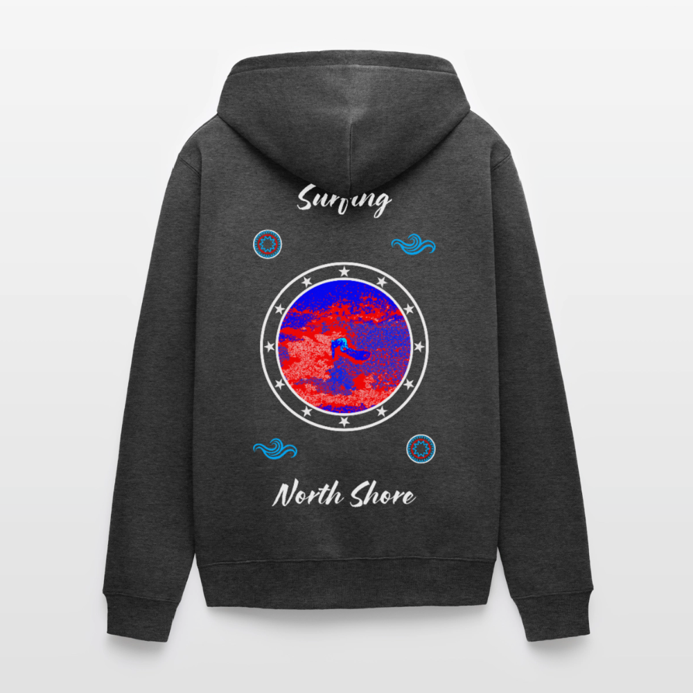 18.03.26 Taijn Toriijn "Surfing North Shore" - Unisex Bio-ZIP-Hoodie - dunkle Farben - Anthrazit meliert