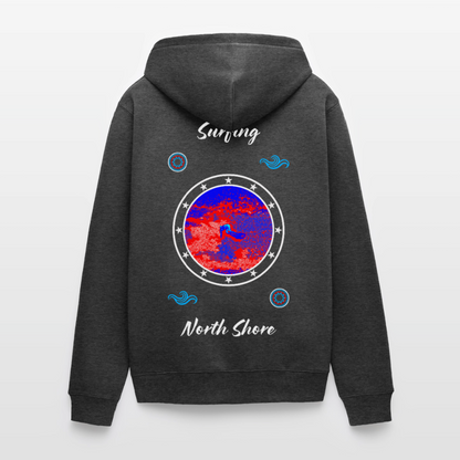 18.03.26 Taijn Toriijn "Surfing North Shore" - Unisex Bio-ZIP-Hoodie - dunkle Farben - Anthrazit meliert