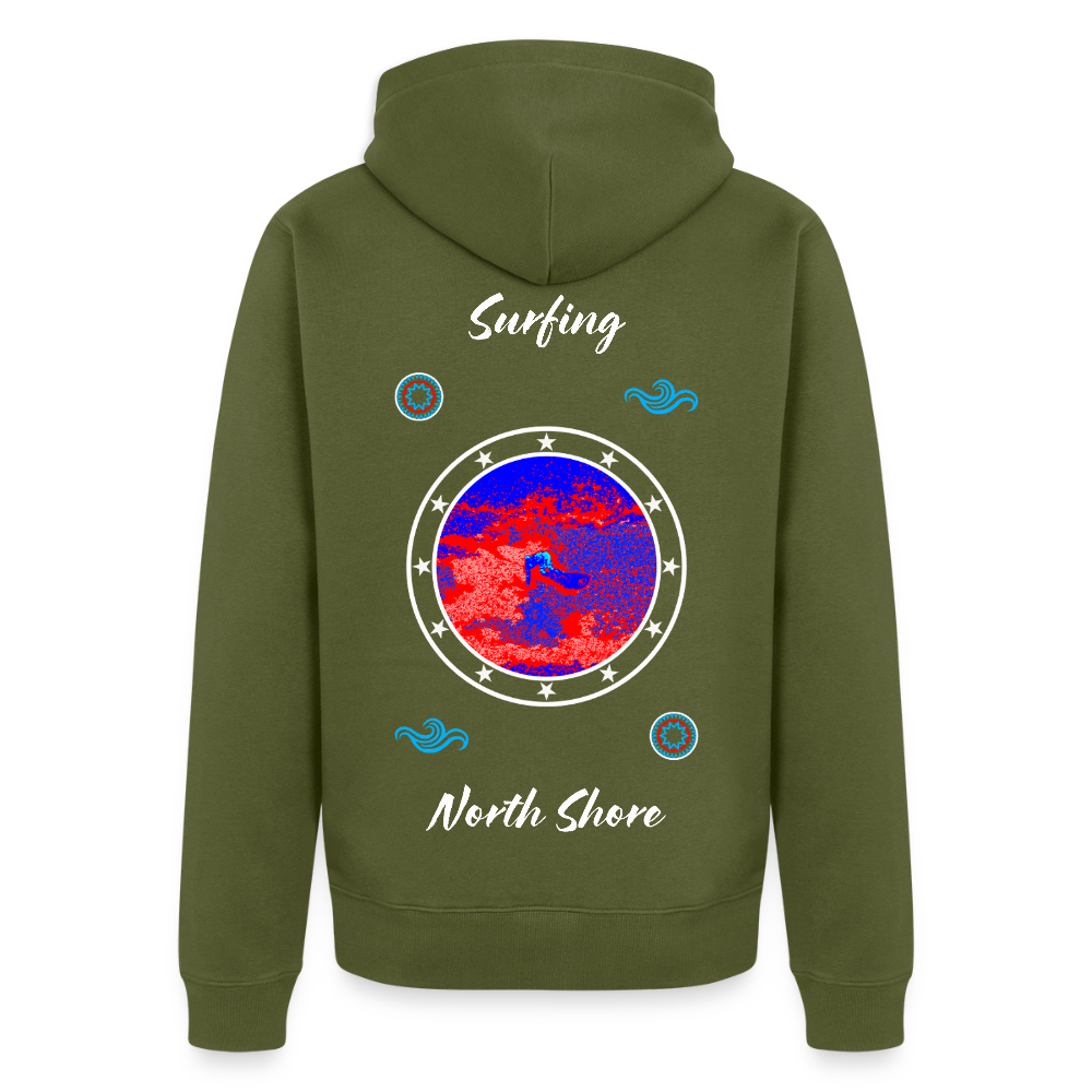 18.03.26 Taijn Toriijn "Surfing North Shore" - Unisex Bio-ZIP-Hoodie - dunkle Farben - Khaki