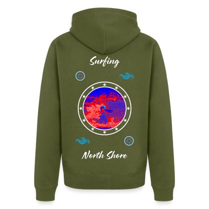 18.03.26 Taijn Toriijn "Surfing North Shore" - Unisex Bio-ZIP-Hoodie - dunkle Farben - Khaki