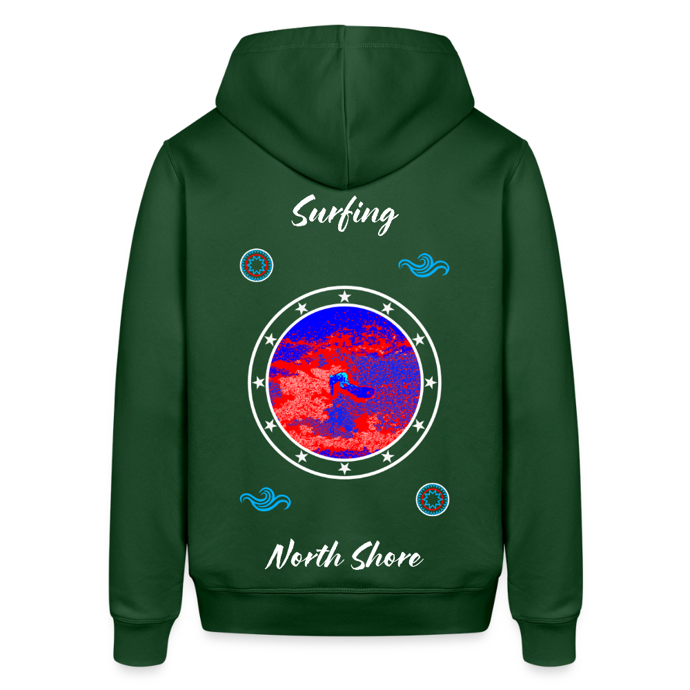 04.03.26 Taijn Toriijn "Surfing North Shore" - Unisex Bio-Hoodie - dunkle Farben - Flaschengrün