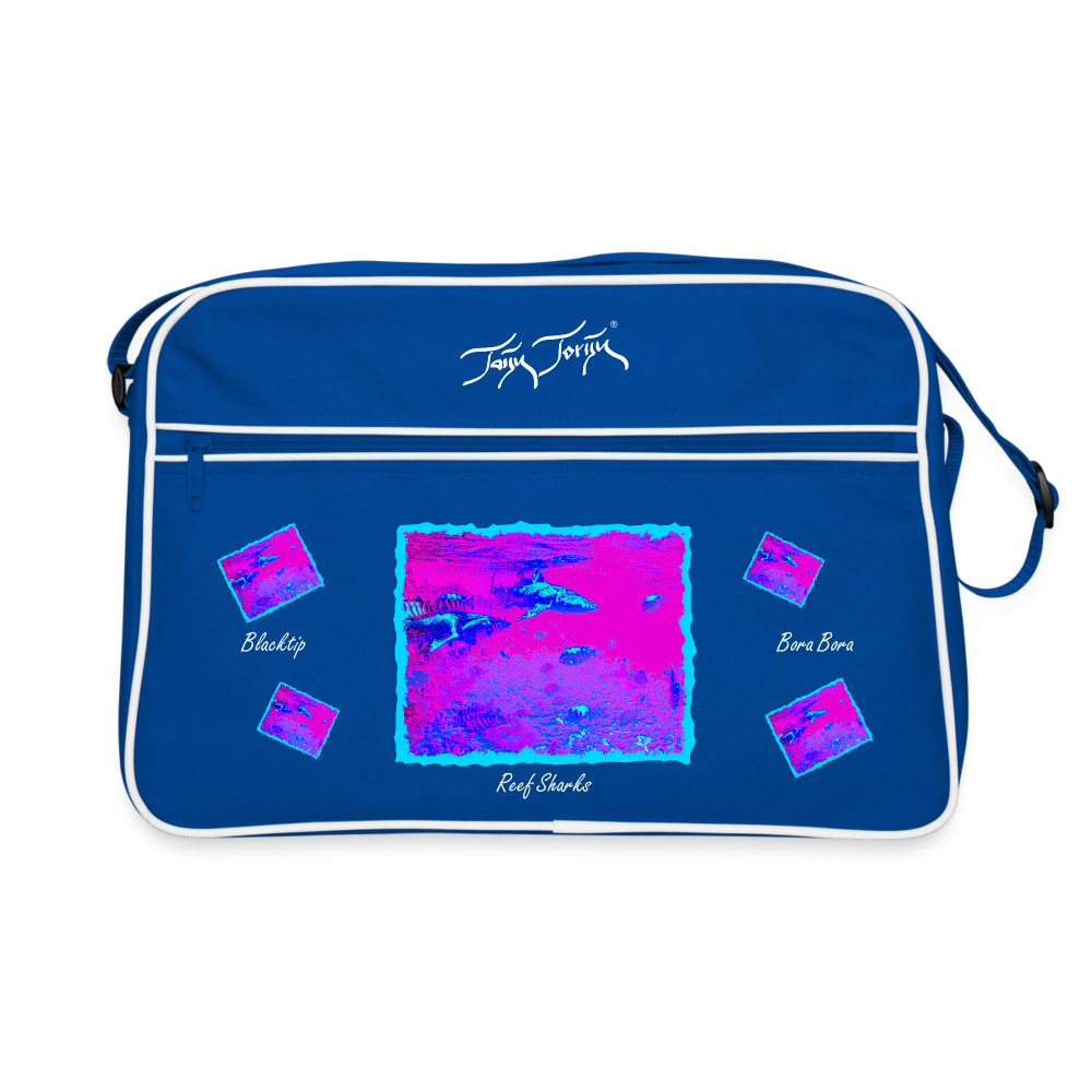 03.11.23 - Taijn Torijn "Blacktip Reef Sharks - Bora Bora" - Retro Tasche - Blau/Weiß