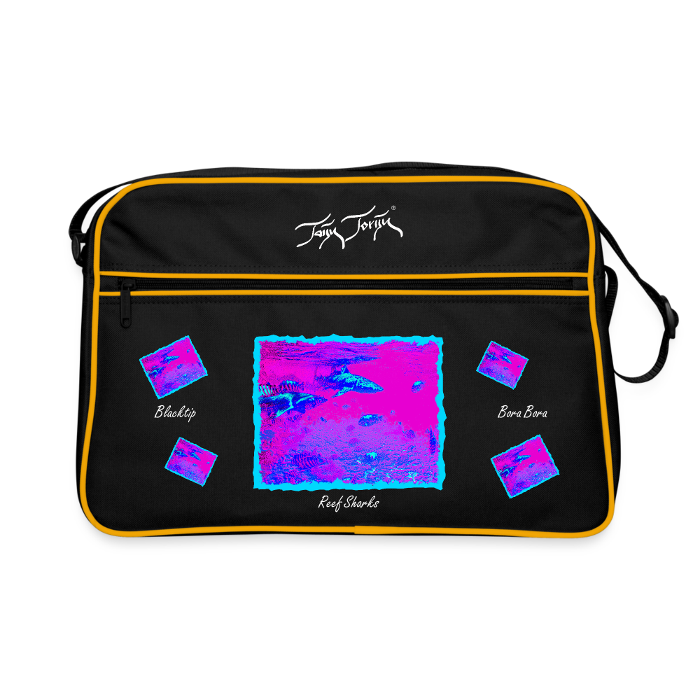 03.11.23 - Taijn Torijn "Blacktip Reef Sharks - Bora Bora" - Retro Tasche - Schwarz/Gold